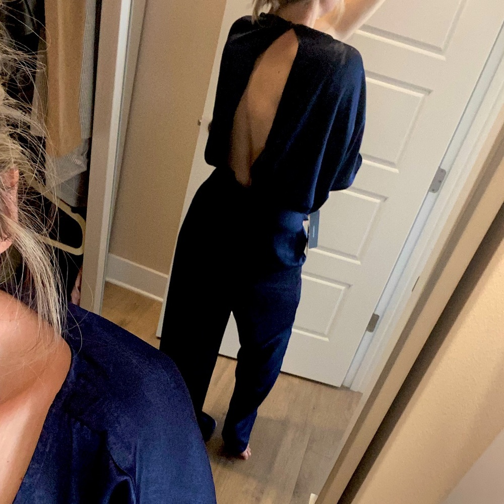 Navy Blue Satin Short Sleeve Wide Leg Jumpsuit